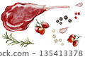 Meat watercolor set. Food clip art. Beef steak on a white background with rosemary, garlic, and three types of pepper. Perfect for butcher shop signs, restaurant menus, and steakhouses. 135413378