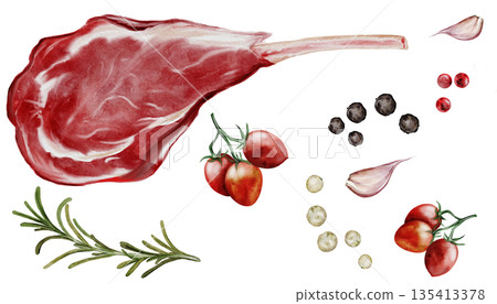 Meat watercolor set. Food clip art. Beef steak on a white background with rosemary, garlic, and three types of pepper. Perfect for butcher shop signs, restaurant menus, and steakhouses. Meat watercolor set. Food clip art. Beef steak on a white background with rosemary, garlic, and three types of pepper. Perfect for butcher shop signs, restaurant menus, and steakhouses. 135413378