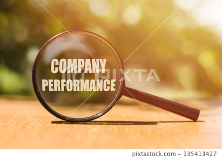 Magnifier glass with text Company Perfomance on wooden table in sunlight. Analysis Growth Progress Business Concept Magnifier glass with text Company Perfomance on wooden table in sunlight. Analysis Growth Progress Business Concept 135413427