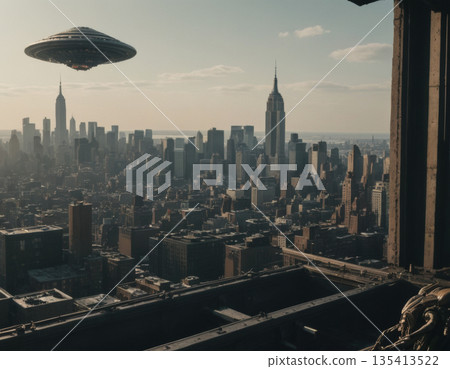 A UFO hovers above the skyline of New York City during a clear afternoon. Generative AI 135413522