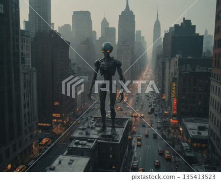 A towering robot figures over a bustling city street in a futuristic urban landscape at dusk. Generative AI 135413523