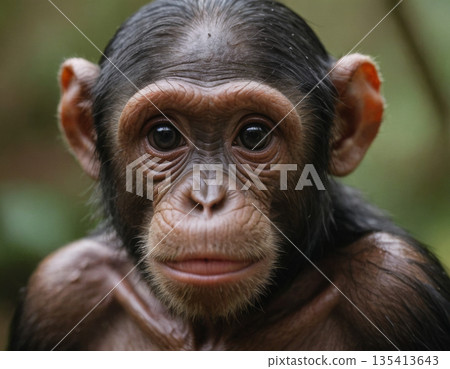 Baby chimpanzee gazes curiously while sitting among lush greenery in a natural habitat. Generative AI 135413643