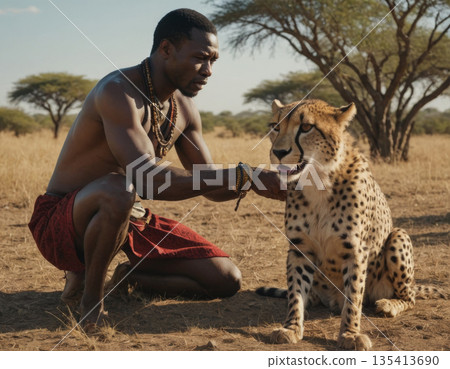Man interacts with a cheetah in a sunlit savannah landscape during golden hour. Generative AI 135413690