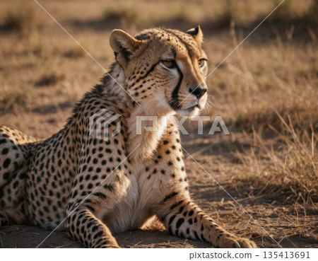 Cheetah lounging in the warm savanna under the golden afternoon light. Generative AI 135413691
