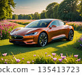 A sleek electric car parked in a vibrant flower field at sunset near a lush green landscape. Generative AI 135413723