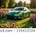 A vibrant green electric car parked amidst blooming flowers in a tranquil landscape at sunset. Generative AI 135413724