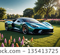 A luxurious sports car parked amidst vibrant flowers on a sunny afternoon in a lush garden. Generative AI 135413725