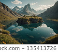 Serene lake reflecting mountains and cliffs in a tranquil valley during daylight. Generative AI 135413726