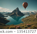 A hot air balloon floats over a serene mountain lake surrounded by stunning peaks and flowers. Generative AI 135413727