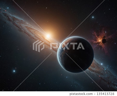 A stunning view of a planet orbiting near a vibrant galaxy at dawn, showcasing colorful celestial activity. Generative AI 135413728