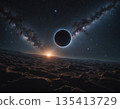 Stunning cosmic view of a planet eclipsed by a large celestial body against a backdrop of galaxies. Generative AI 135413729