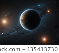 A distant planet orbits among bright stars in a colorful, expansive universe at night. Generative AI 135413730