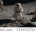 Historic lunar landing with astronaut exploring the moon's surface near the lunar module. Generative AI 135413732