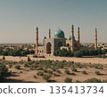Beautiful view of a historic mosque with blue dome and minarets in a sunny desert landscape. Generative AI 135413734