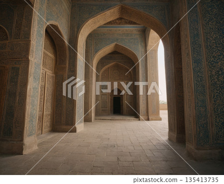 Exploring the intricate archways of an ancient structure in the warm light of dusk. Generative AI 135413735