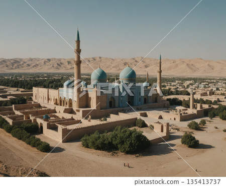 Ancient mosque surrounded by desert mountains in a tranquil landscape during midday. Generative AI 135413737