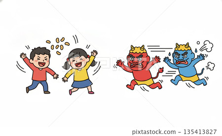 一幅生動的插圖，描繪了孩子們玩擲豆子的樂趣，以及紅藍惡魔驚慌逃竄的場景。 135413827