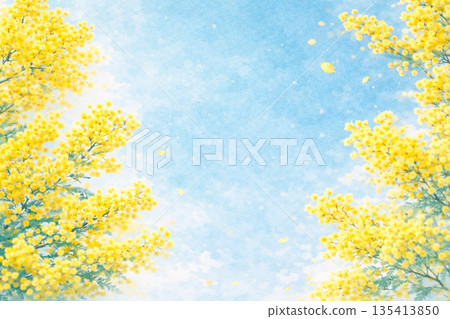 柔和的含羞草和藍天背景插圖，人工智慧生成圖像 135413850