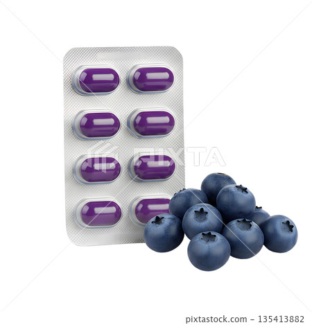 Blueberry supplement capsules next to handful of fresh blueberries, representing natural health, antioxidants, and brain-boosting nutrition Blueberry supplement capsules next to handful of fresh blueberries, representing natural health, antioxidants, and brain-boosting nutrition 135413882
