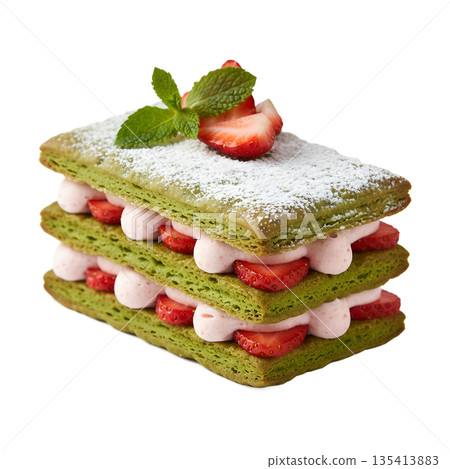 French mille-feuille pastry layered with matcha cream, fresh strawberries, and powdered sugar, isolated on transparent background French mille-feuille pastry layered with matcha cream, fresh strawberries, and powdered sugar, isolated on transparent background 135413883