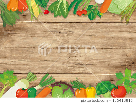 Vegetable frame, horizontal, wood grain background and natural vegetable decorative frame 135413915