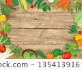Vegetable frame, horizontal, wood grain background and natural vegetable decorative frame 135413916