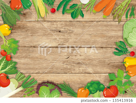 Fresh vegetables in a wood grain background frame (natural) (horizontal) Fresh vegetables in a wood grain background frame (natural) (horizontal) 135413916