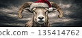 Majestic Winter Ram Wearing a Santa Hat Under a Stormy Sky, Perfect for Holiday Celebrations 135414762