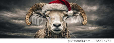 Majestic Winter Ram Wearing a Santa Hat Under a Stormy Sky, Perfect for Holiday Celebrations 135414762