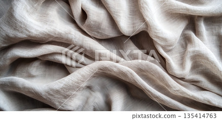 Elegant Beige Linen Fabric Texture with Natural Wrinkles and Crumpled Detail for Background Design 135414763