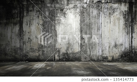 Urban Grungy Concrete Wall Texture, Deep Shadows, Dark Surface, Retro Effect, Perfect for Backdrops 135414773