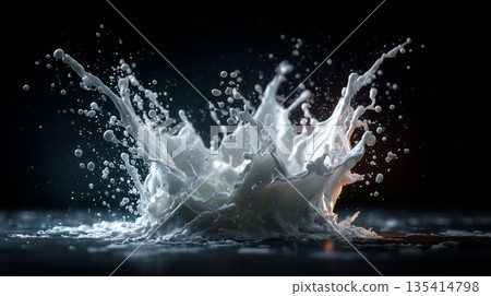 Dramatic milk splash explosion on dark background with frozen motion and flying liquid drops 135414798