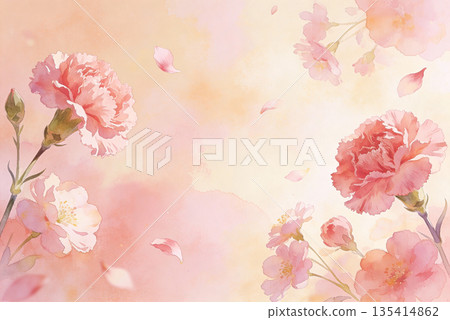 水彩春季背景素材，帶有淡粉紅色的花朵和花瓣 135414862