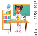 Cute African-American school girl making experiment in chemistry class. Cartoon vector illustration. 135414915