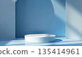 Minimalist 3D white cylinder podium on a blue background with soft sunlight and shadows for product presentation. 135414961
