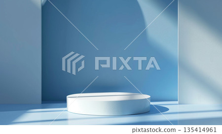 Minimalist 3D white cylinder podium on a blue background with soft sunlight and shadows for product presentation. 135414961