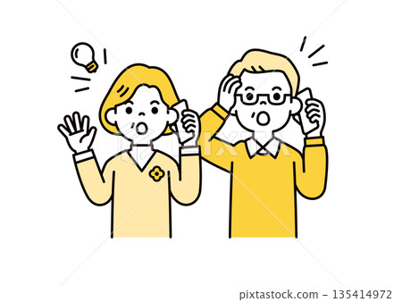 一組向量插圖素材，描繪了爺爺奶奶使用智慧型手機通話，並意識到和回憶的事情。 135414972