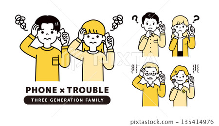 Vector illustration material set of men and women, couples, and couples holding their heads while talking on a smartphone Vector illustration material set of men and women, couples, and couples holding their heads while talking on a smartphone 135414976