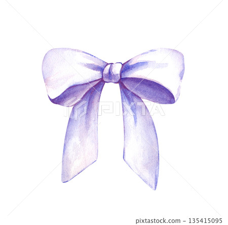 Beautiful light bow made of wide ribbon for festive decoration. Watercolor illustration on an isolated background. A clipart with realistic decorations for making gifts, postcards, and invitations. Beautiful light bow made of wide ribbon for festive decoration. Watercolor illustration on an isolated background. A clipart with realistic decorations for making gifts, postcards, and invitations. 135415095