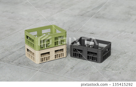 Stackable Modular Plastic Storage Crates. 3D Rendering. Stackable Modular Plastic Storage Crates. 3D Rendering. 135415292