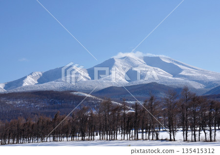 冬季，巍峨壯麗的雪山舍利山聳立於北海道之上。 135415312