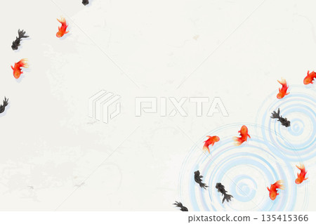Top view of goldfish, leaves, and ripples on the water surface - Minimalist Japanese-style illustration (washi paper texture) Top view of goldfish, leaves, and ripples on the water surface - Minimalist Japanese-style illustration (washi paper texture) 135415366