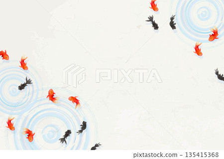 Top view of goldfish, leaves, and ripples on the water surface - Minimalist Japanese-style illustration (washi paper texture) Top view of goldfish, leaves, and ripples on the water surface - Minimalist Japanese-style illustration (washi paper texture) 135415368