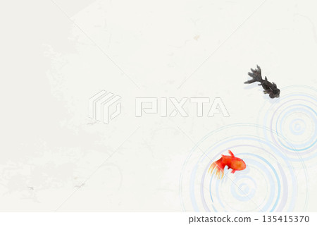 Top view of goldfish, leaves, and ripples on the water surface - Minimalist Japanese-style illustration (washi paper texture) Top view of goldfish, leaves, and ripples on the water surface - Minimalist Japanese-style illustration (washi paper texture) 135415370