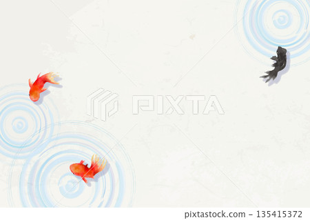 俯視圖：金魚、樹葉和水面漣漪－極簡日式插畫（和紙紋理） 135415372