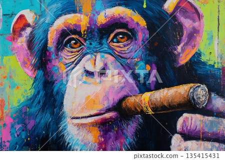 A chimpanzee is portrayed with bright colors while holding a cigar, showcasing urban street art in a city setting during the day 135415431
