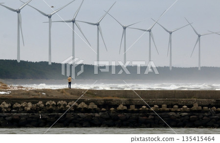 Winter coast lined with windmills 135415464