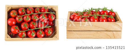 Cherry tomato bunch in a wooden box isolated on white background. Top view. Flat lay Cherry tomato bunch in a wooden box isolated on white background. Top view. Flat lay 135415521