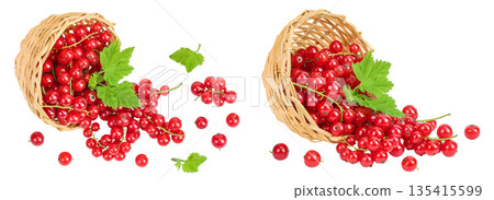 Red currant berries in a wicker basket with leaf isolated on white background Red currant berries in a wicker basket with leaf isolated on white background 135415599