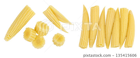 Pickled young baby corn cobs isolated on white background. Top view. Flat lay Pickled young baby corn cobs isolated on white background. Top view. Flat lay 135415606
